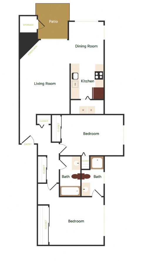 A floor plan of a house with a living room, dining room, kitchen, two bathrooms, and two bedrooms.
